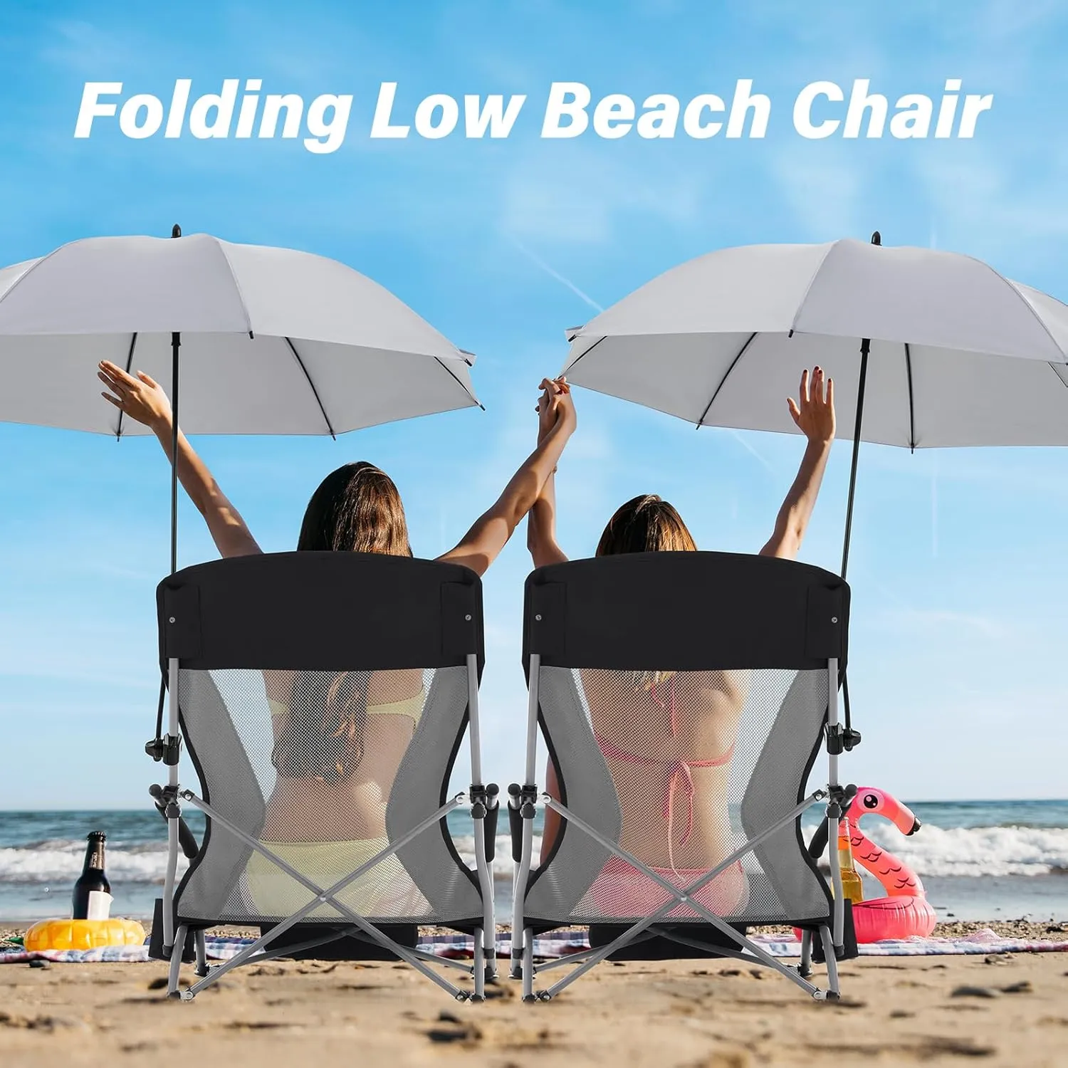 Homcosan Portable Low Folding Beach Chair with Detachable Umbrella - Lightweight Camping Chair for Adults with Cup Holder & Storage Pocket, Carry Bag Included (Black & Gray)