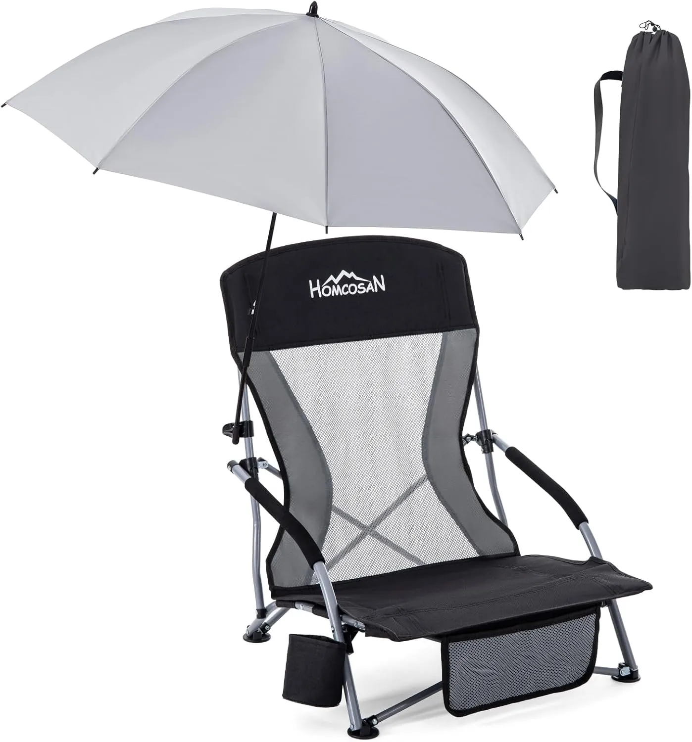 Homcosan Portable Low Folding Beach Chair with Detachable Umbrella - Lightweight Camping Chair for Adults with Cup Holder & Storage Pocket, Carry Bag Included (Black & Gray)