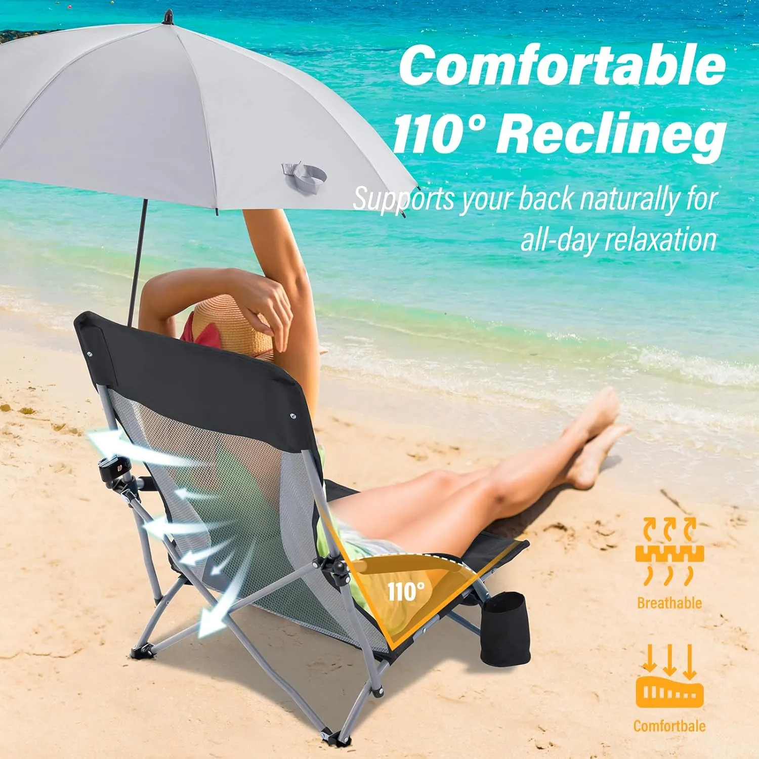 Homcosan Portable Low Folding Beach Chair with Detachable Umbrella - Lightweight Camping Chair for Adults with Cup Holder & Storage Pocket, Carry Bag Included (Black & Gray)