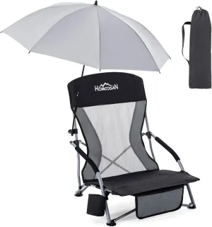 Homcosan Portable Low Folding Beach Chair with Detachable Umbrella - Lightweight Camping Chair for Adults with Cup Holder & Storage Pocket, Carry Bag Included (Black & Gray)