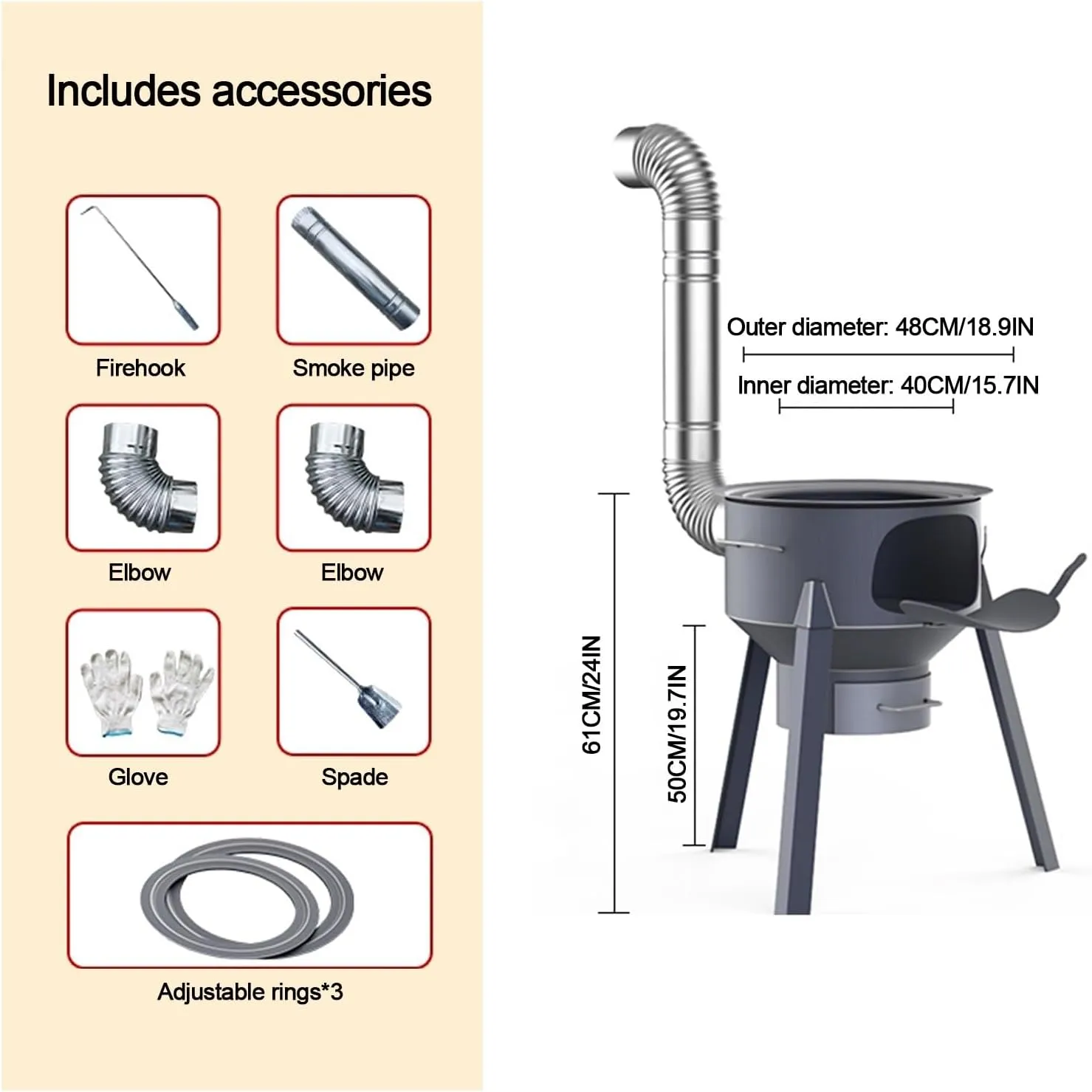 Home Wood Burning Fire Stove, Removable and Detachable Outdoor Camping Wood Burning Stove, Multifunctional Thickened Wood Burning Stove with Adjustable Rim for Cooking Ingredients(48cm/18.9in)