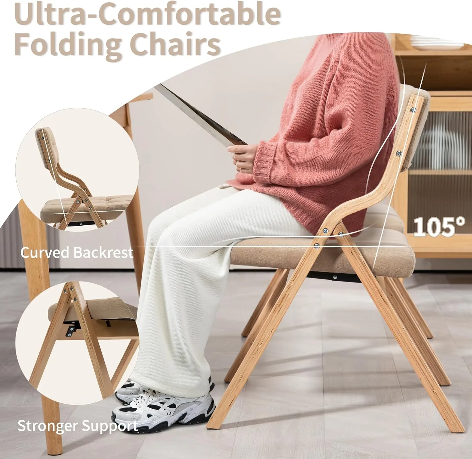 HOMEFUN Folding Chairs with Cushion, Wooden Padded Foldable Chair 2 Pack, Portable and Assembled Seat for Guests Kitchen Office Wedding and Party, Khaki