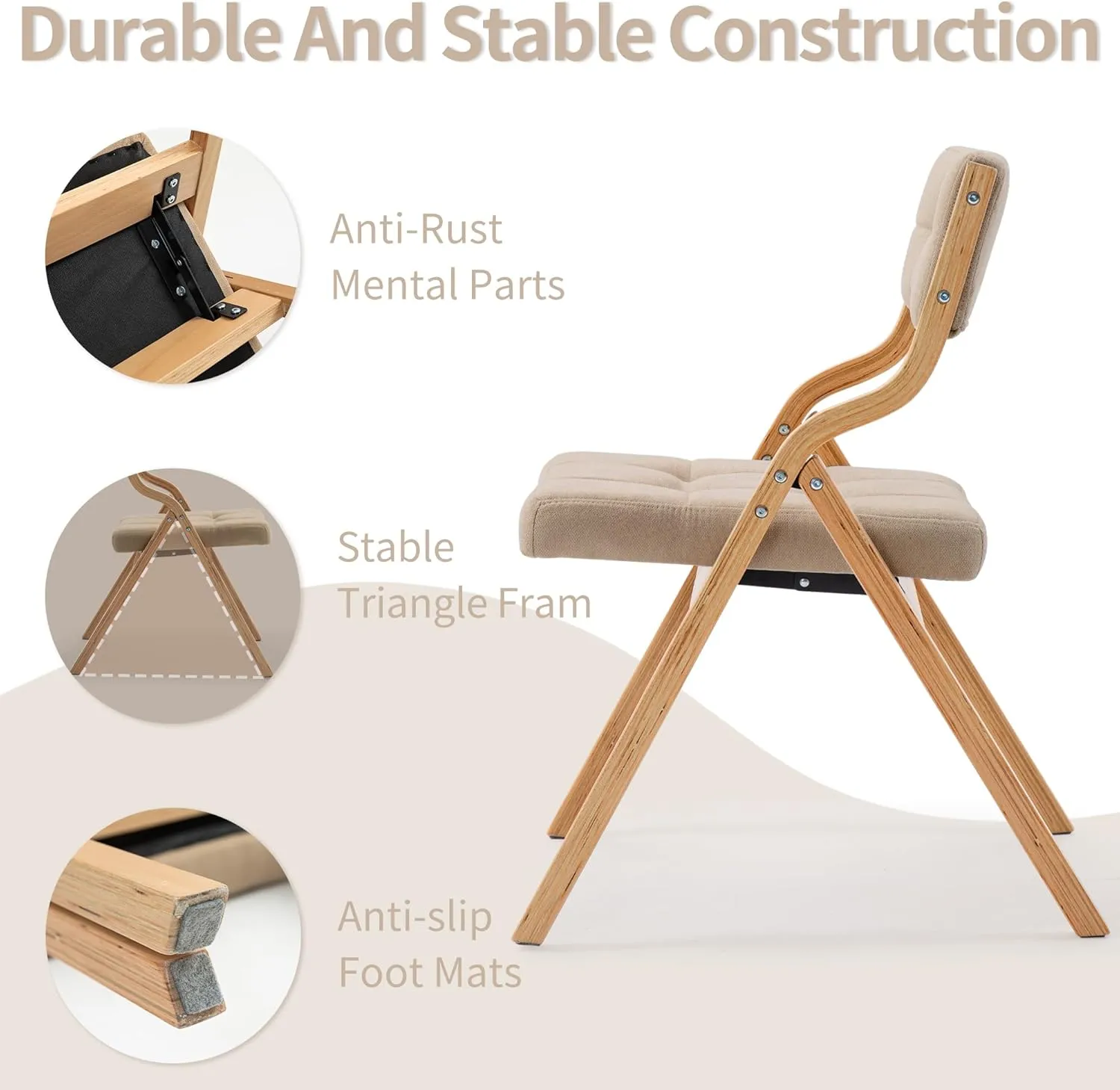 HOMEFUN Folding Chairs with Cushion, Wooden Padded Foldable Chair 2 Pack, Portable and Assembled Seat for Guests Kitchen Office Wedding and Party, Khaki