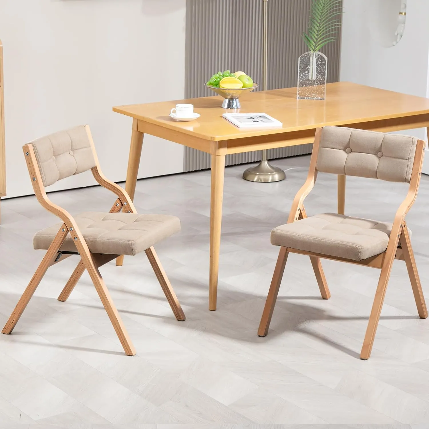 HOMEFUN Folding Chairs with Cushion, Wooden Padded Foldable Chair 2 Pack, Portable and Assembled Seat for Guests Kitchen Office Wedding and Party, Khaki