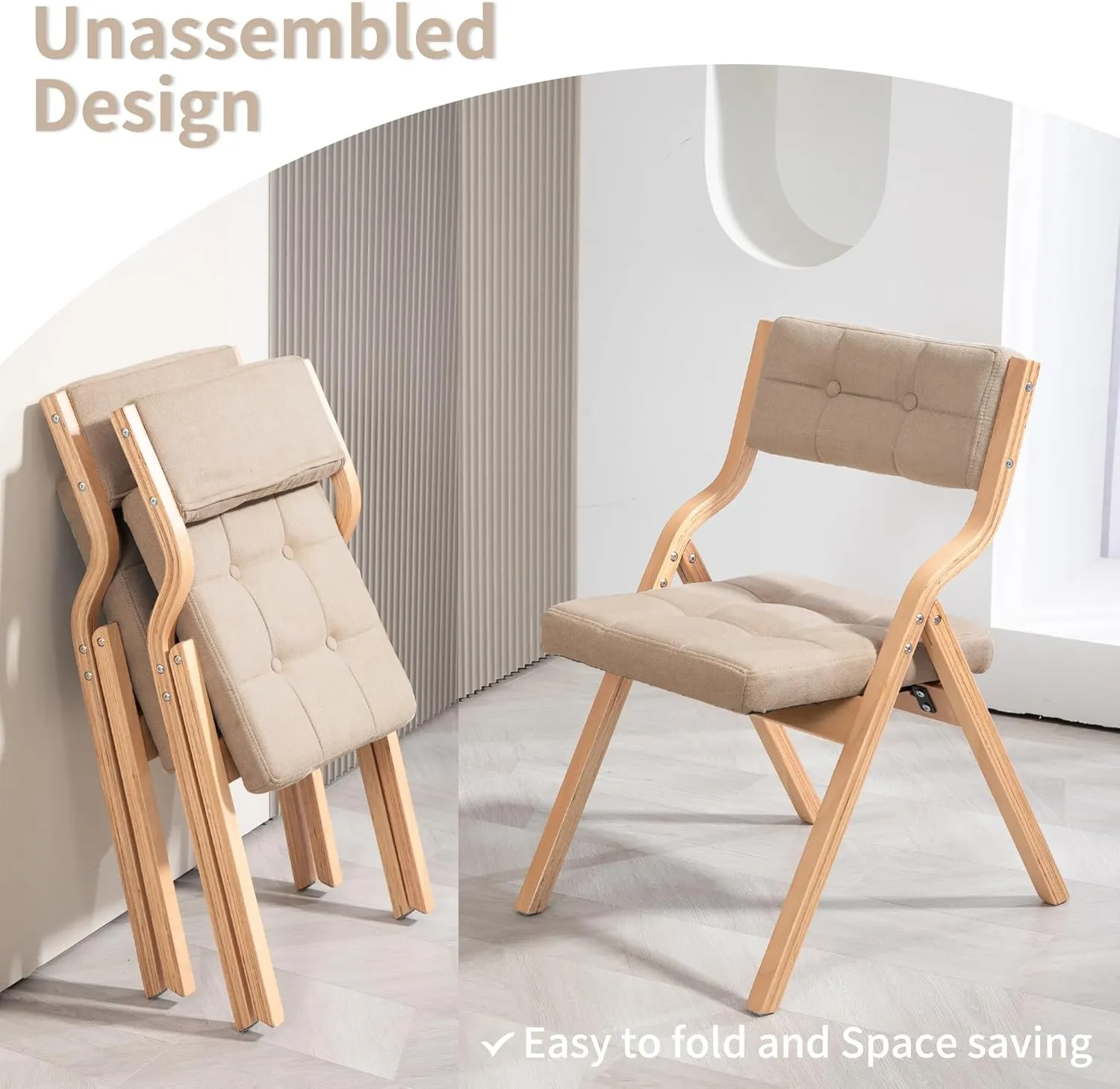 HOMEFUN Folding Chairs with Cushion, Wooden Padded Foldable Chair 2 Pack, Portable and Assembled Seat for Guests Kitchen Office Wedding and Party, Khaki