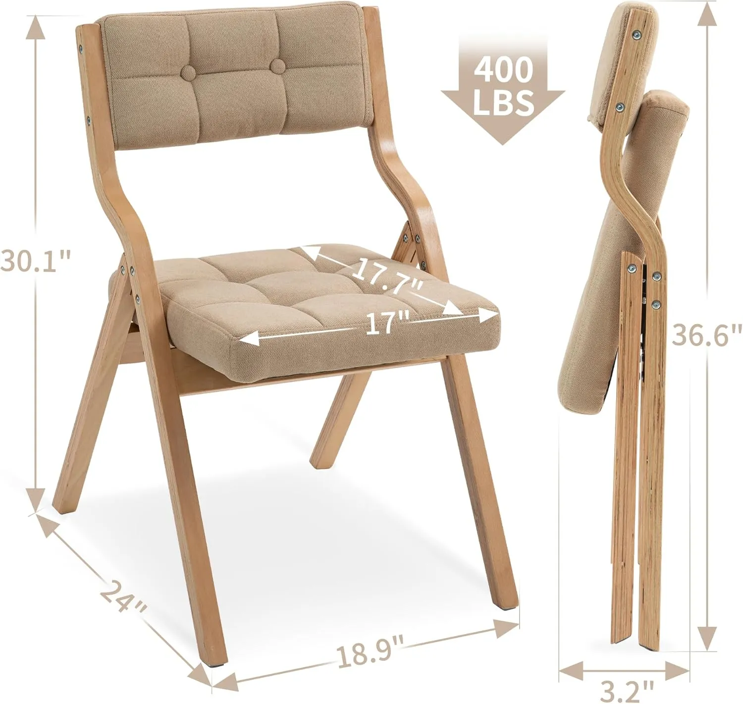 HOMEFUN Folding Chairs with Cushion, Wooden Padded Foldable Chair 2 Pack, Portable and Assembled Seat for Guests Kitchen Office Wedding and Party, Khaki