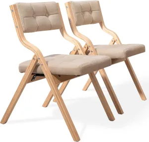HOMEFUN Folding Chairs with Cushion, Wooden Padded Foldable Chair 2 Pack, Portable and Assembled Seat for Guests Kitchen Office Wedding and Party, Khaki