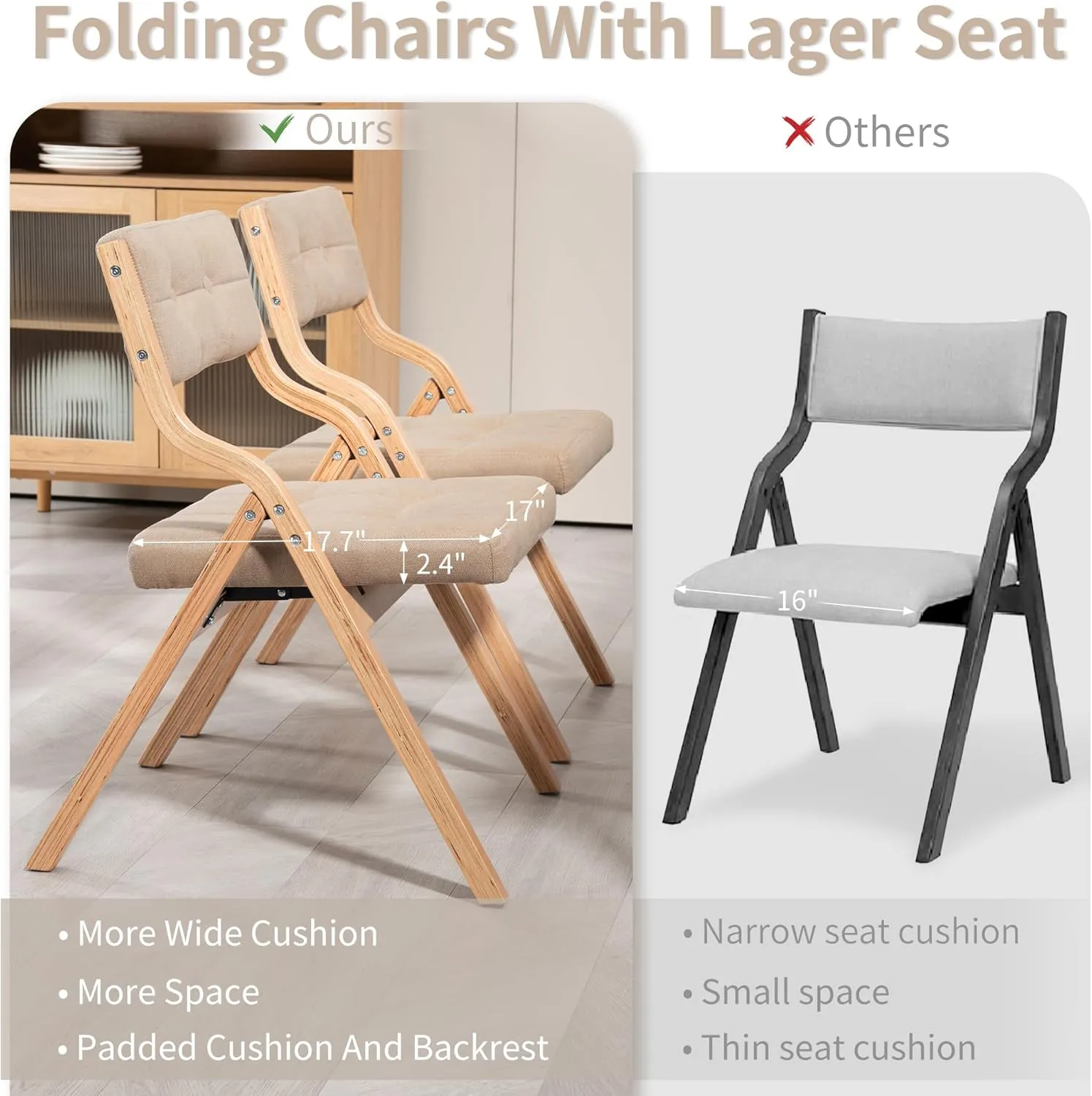 HOMEFUN Folding Chairs with Cushion, Wooden Padded Foldable Chair 2 Pack, Portable and Assembled Seat for Guests Kitchen Office Wedding and Party, Khaki