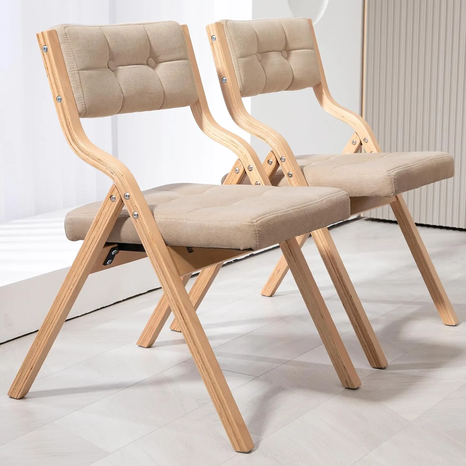 HOMEFUN Folding Chairs with Cushion, Wooden Padded Foldable Chair 2 Pack, Portable and Assembled Seat for Guests Kitchen Office Wedding and Party, Khaki