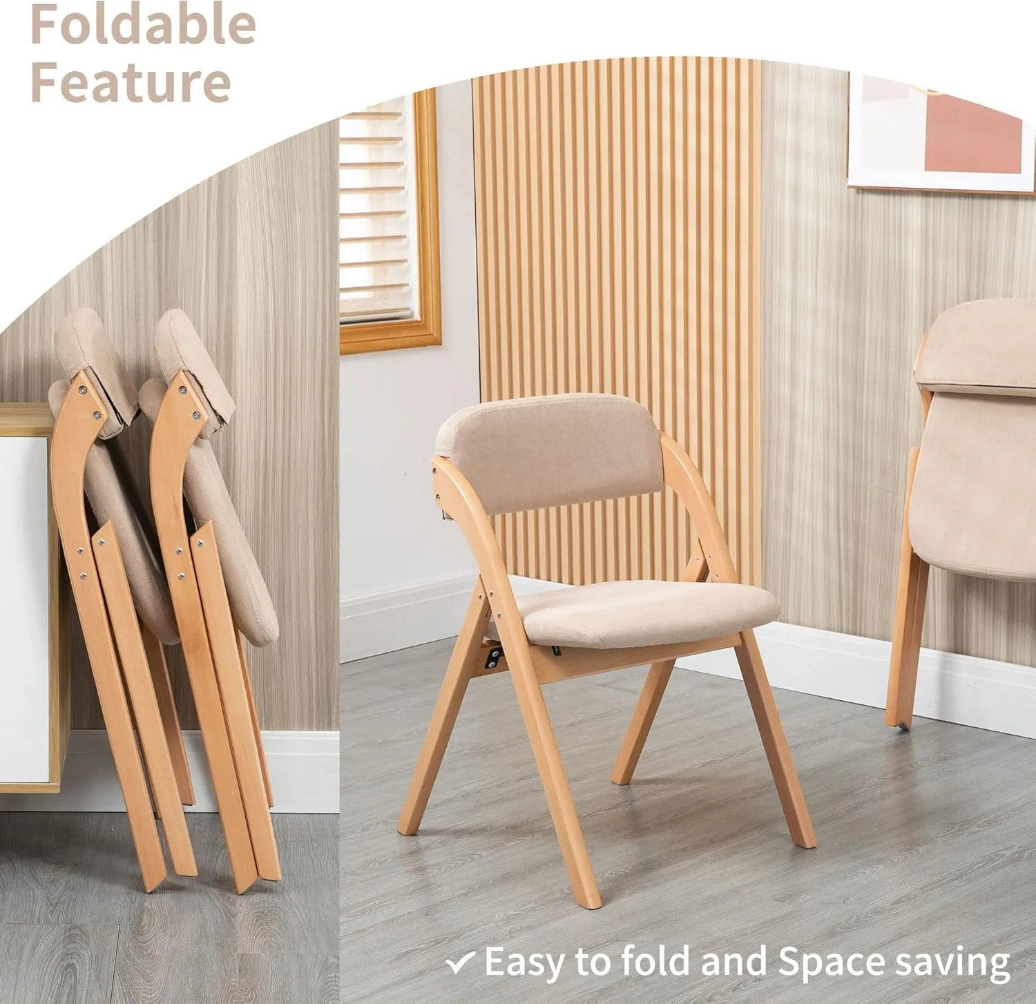HOMEFUN Folding Chairs with Padded Seats, Wooden Stackable Dining Chair Set of 2 with Removable Cover Extra for Guests Kitchen Office Wedding Party Picnic, Khaki