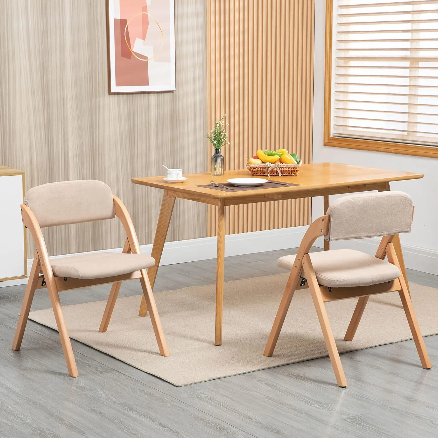 HOMEFUN Folding Chairs with Padded Seats, Wooden Stackable Dining Chair Set of 2 with Removable Cover Extra for Guests Kitchen Office Wedding Party Picnic, Khaki