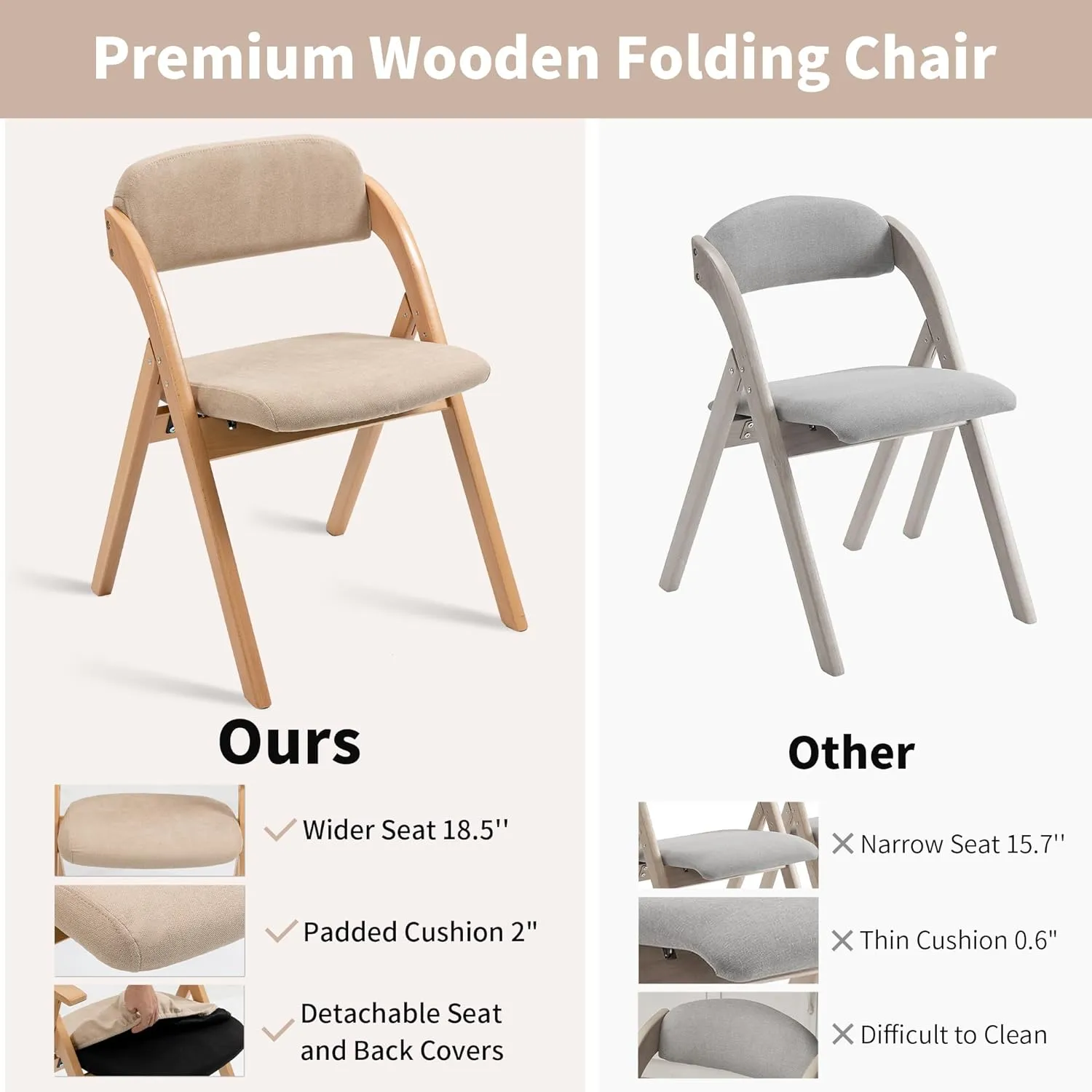 HOMEFUN Folding Chairs with Padded Seats, Wooden Stackable Dining Chair Set of 2 with Removable Cover Extra for Guests Kitchen Office Wedding Party Picnic, Khaki