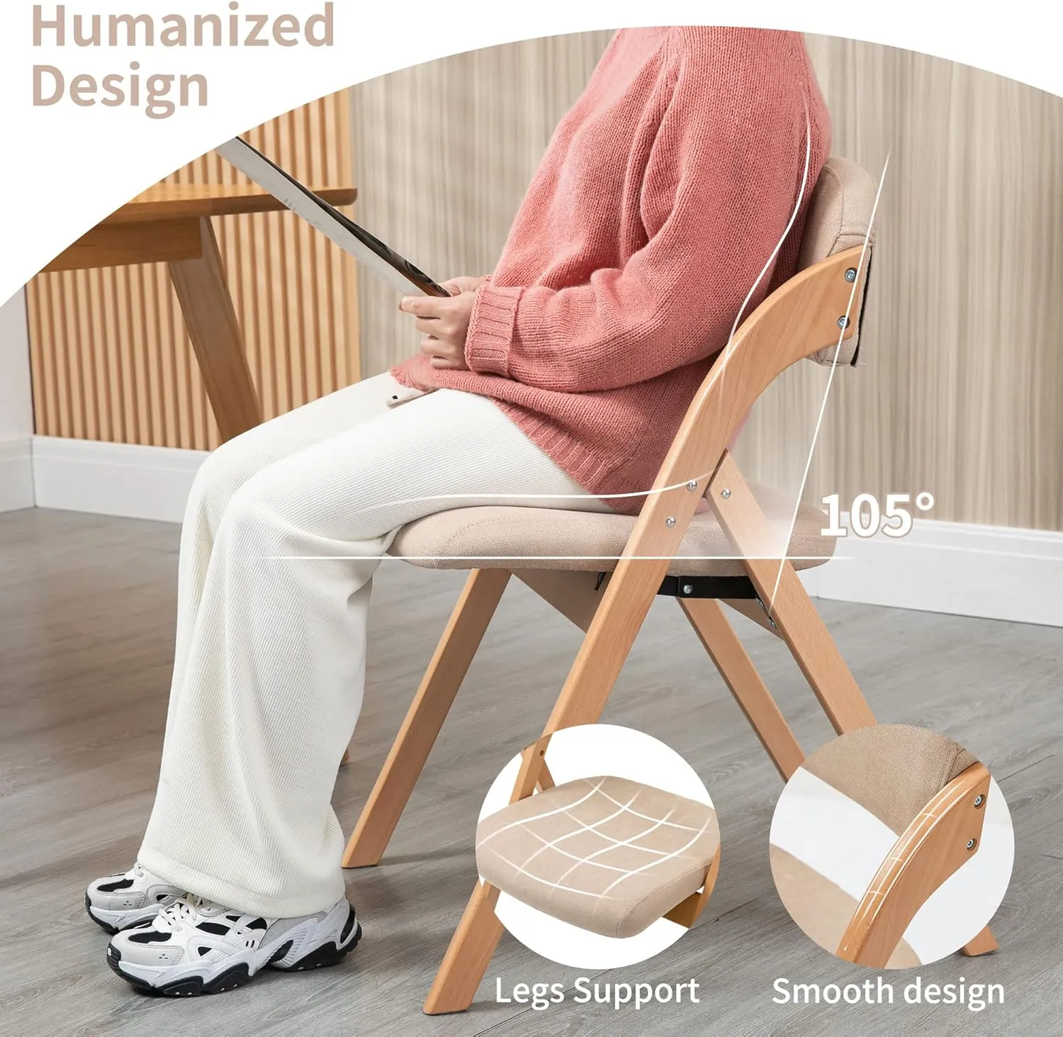 HOMEFUN Folding Chairs with Padded Seats, Wooden Stackable Dining Chair Set of 2 with Removable Cover Extra for Guests Kitchen Office Wedding Party Picnic, Khaki