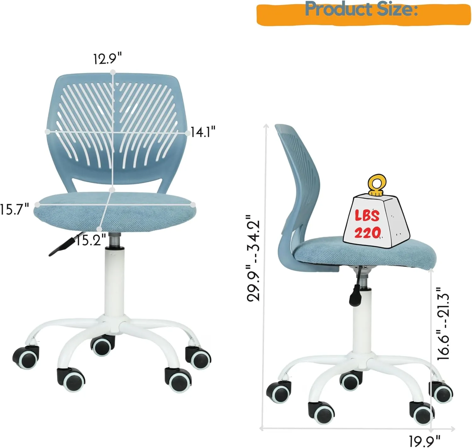 Homy Casa Armless Home Office Desk Chair, Colorful Task Chair with Soft Mesh Padded Cushion, Height Adjustable Swivel Study Computer Chair for for Girls Boys Teens (Blue, 1PC)