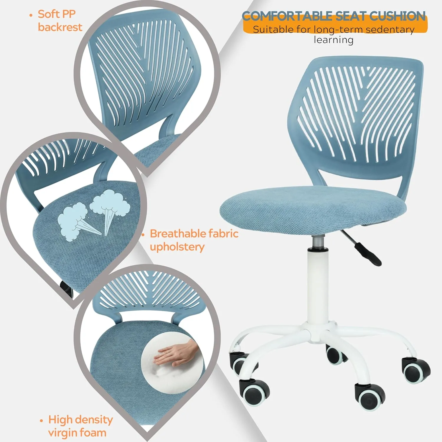 Homy Casa Armless Home Office Desk Chair, Colorful Task Chair with Soft Mesh Padded Cushion, Height Adjustable Swivel Study Computer Chair for for Girls Boys Teens (Blue, 1PC)