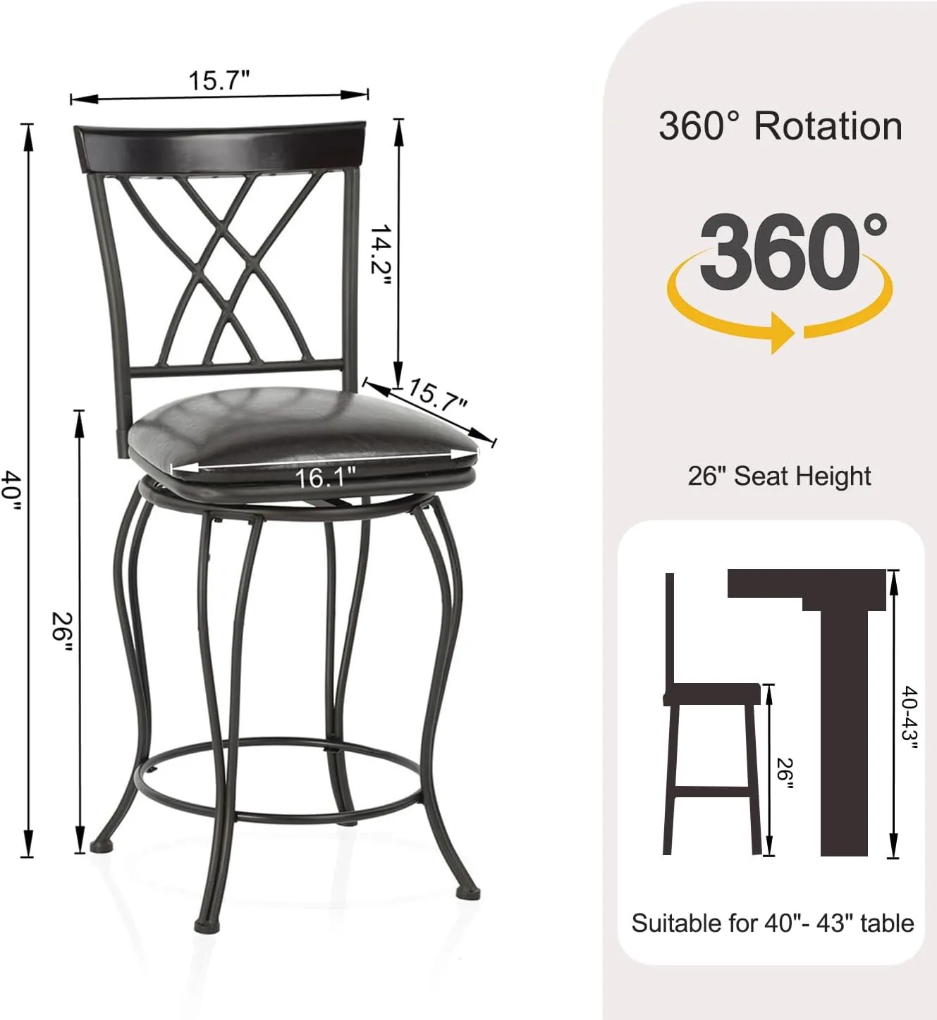 Homy Casa Camping Chairs Set of 2-26 Inch Height Swivel Counter Stools for Kitchen Island Dining Room, Chairs with Faux Leather Upholstery Decorative Iron Backrest