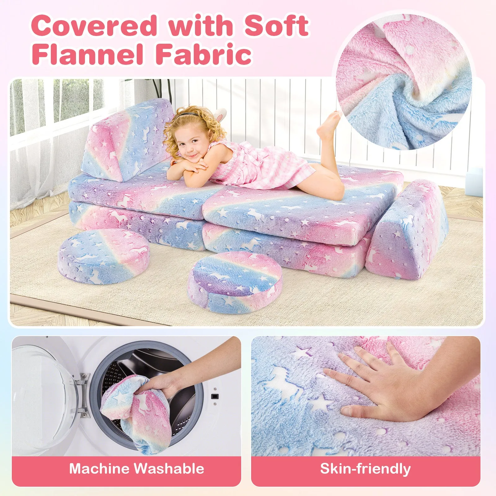 HONEY JOY Modular Kids Play Couch Set, 6 PCS Glow in The Dark Fold Out Children Sofa Couch Chair w/Machine-Washable Flannel Covers