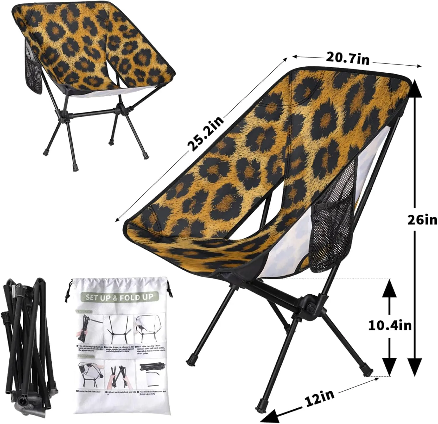 Honeybaby Folding Camping Chair Animal Print Leopard Camping Chairs Lightweight Portable Chair Outdoor Foldable Chairs for Camping Travel Picnic Beach Hiking