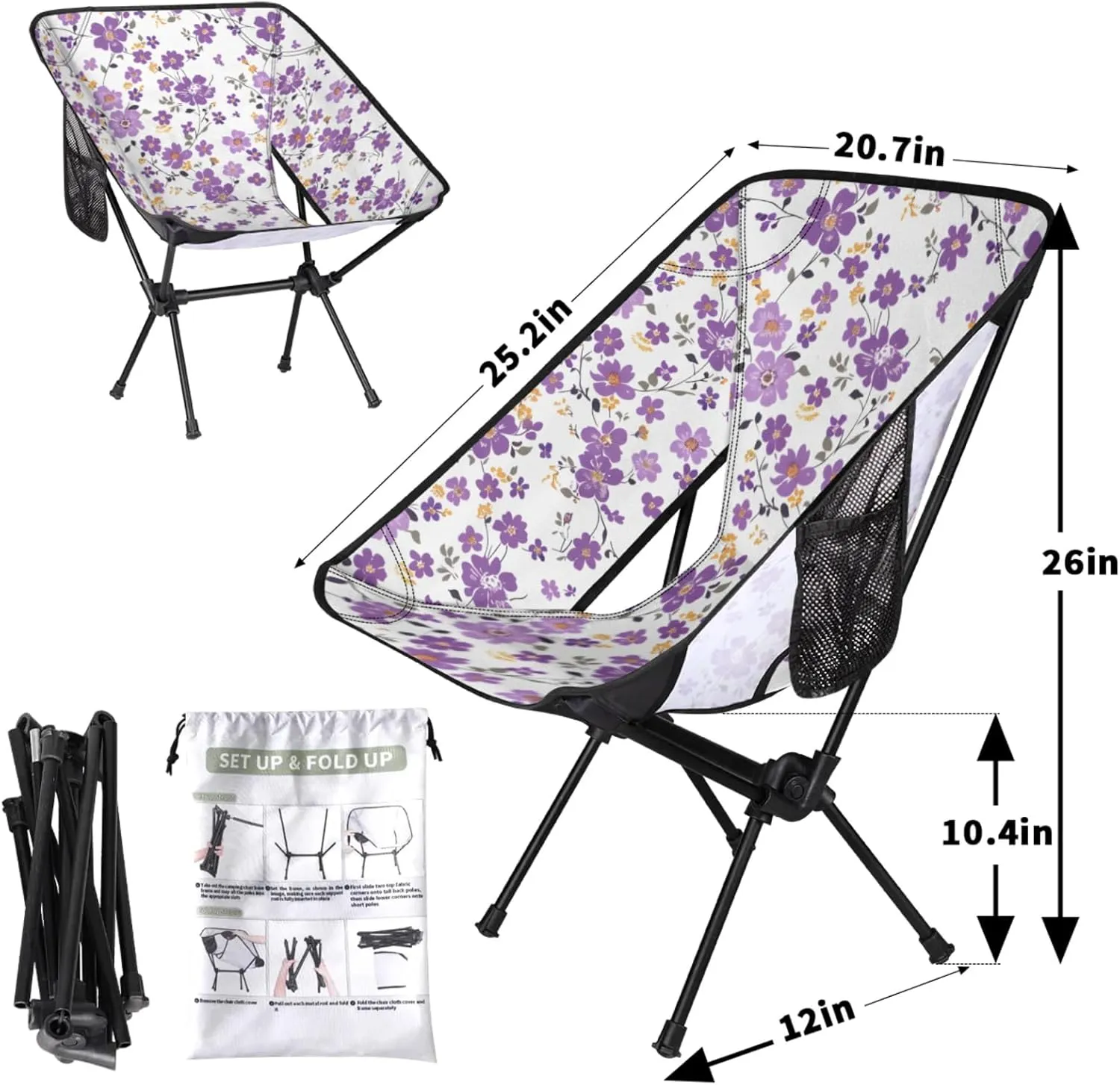 Honeybaby Folding Camping Chair Cute Flowers Floral Camping Chairs Lightweight Portable Chair Outdoor Foldable Chairs for Camping Travel Picnic Beach Hiking