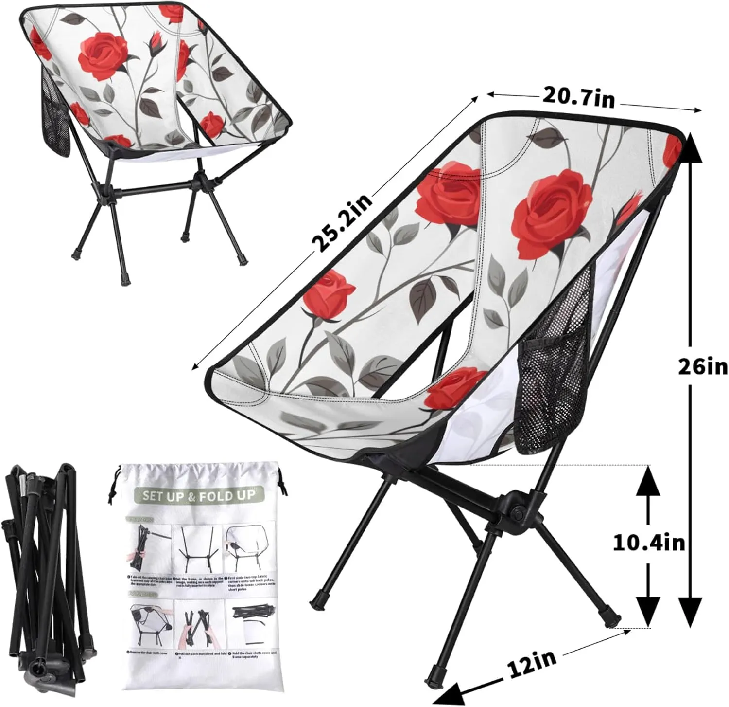 Honeybaby Folding Camping Chair Floral Roses Camping Chairs Lightweight Portable Chair Outdoor Foldable Chairs for Camping Travel Picnic Beach Hiking