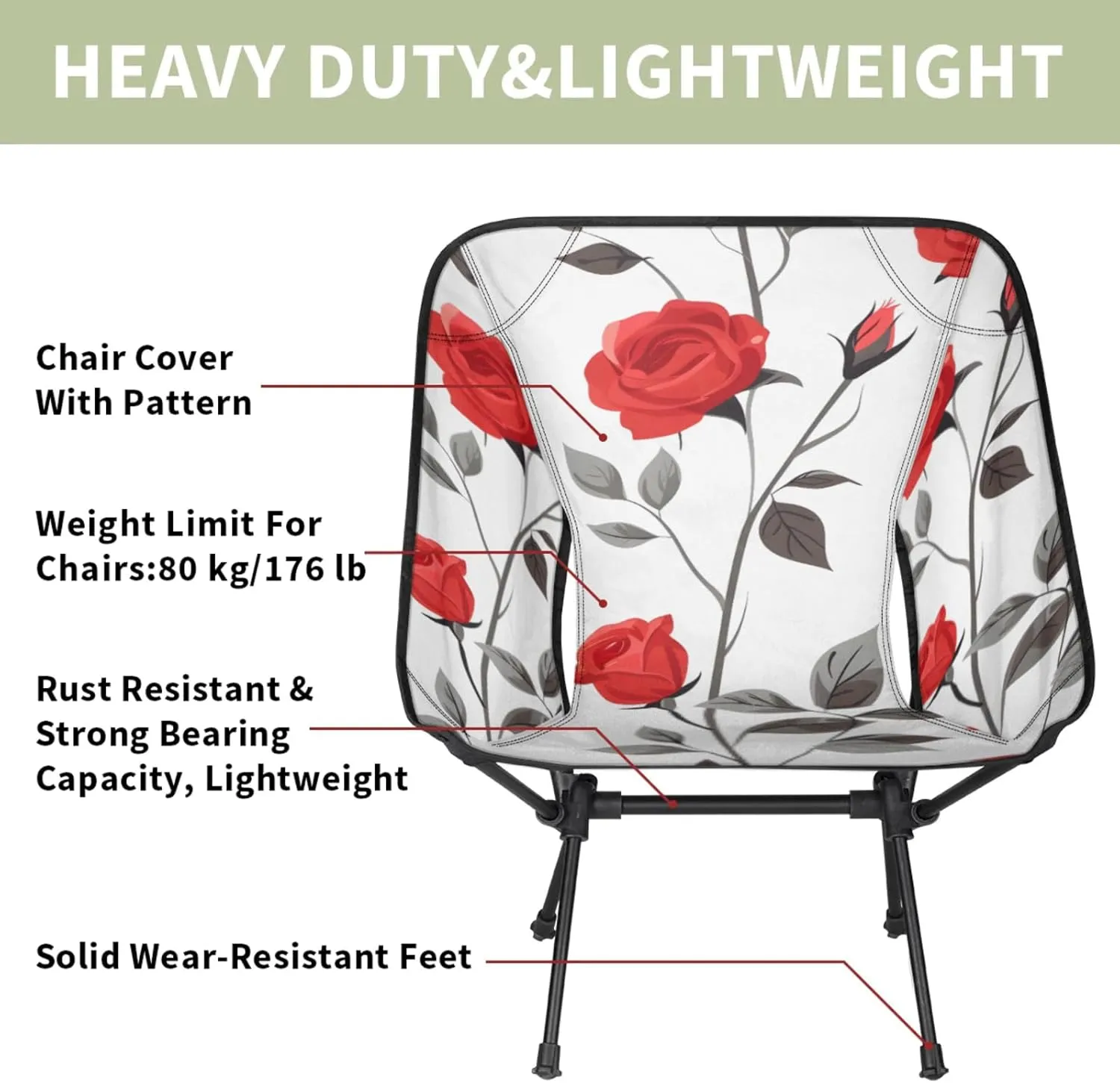 Honeybaby Folding Camping Chair Floral Roses Camping Chairs Lightweight Portable Chair Outdoor Foldable Chairs for Camping Travel Picnic Beach Hiking
