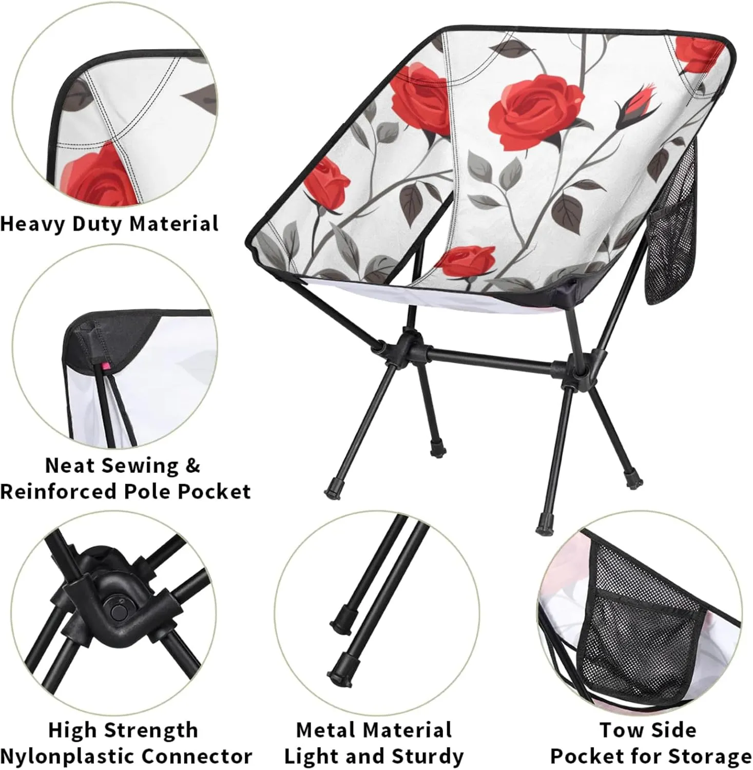 Honeybaby Folding Camping Chair Floral Roses Camping Chairs Lightweight Portable Chair Outdoor Foldable Chairs for Camping Travel Picnic Beach Hiking