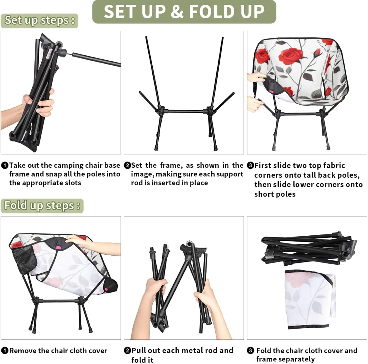 Honeybaby Folding Camping Chair Floral Roses Camping Chairs Lightweight Portable Chair Outdoor Foldable Chairs for Camping Travel Picnic Beach Hiking