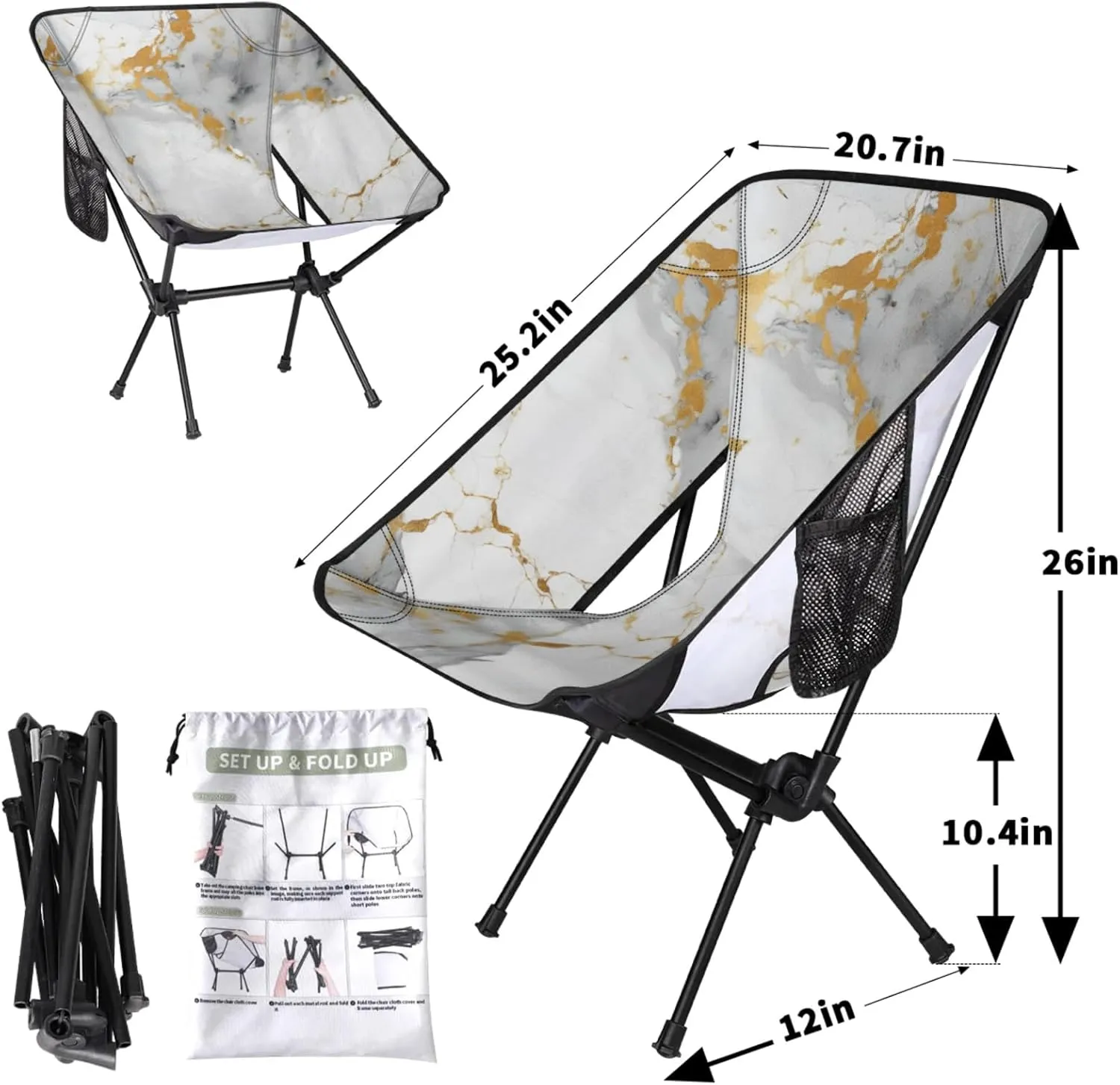 Honeybaby Folding Camping Chair Marble White Pattern Camping Chairs Lightweight Portable Chair Outdoor Foldable Chairs for Camping Travel Picnic Beach Hiking