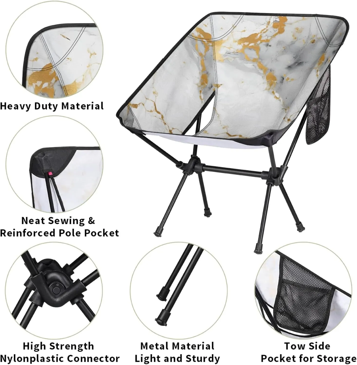 Honeybaby Folding Camping Chair Marble White Pattern Camping Chairs Lightweight Portable Chair Outdoor Foldable Chairs for Camping Travel Picnic Beach Hiking