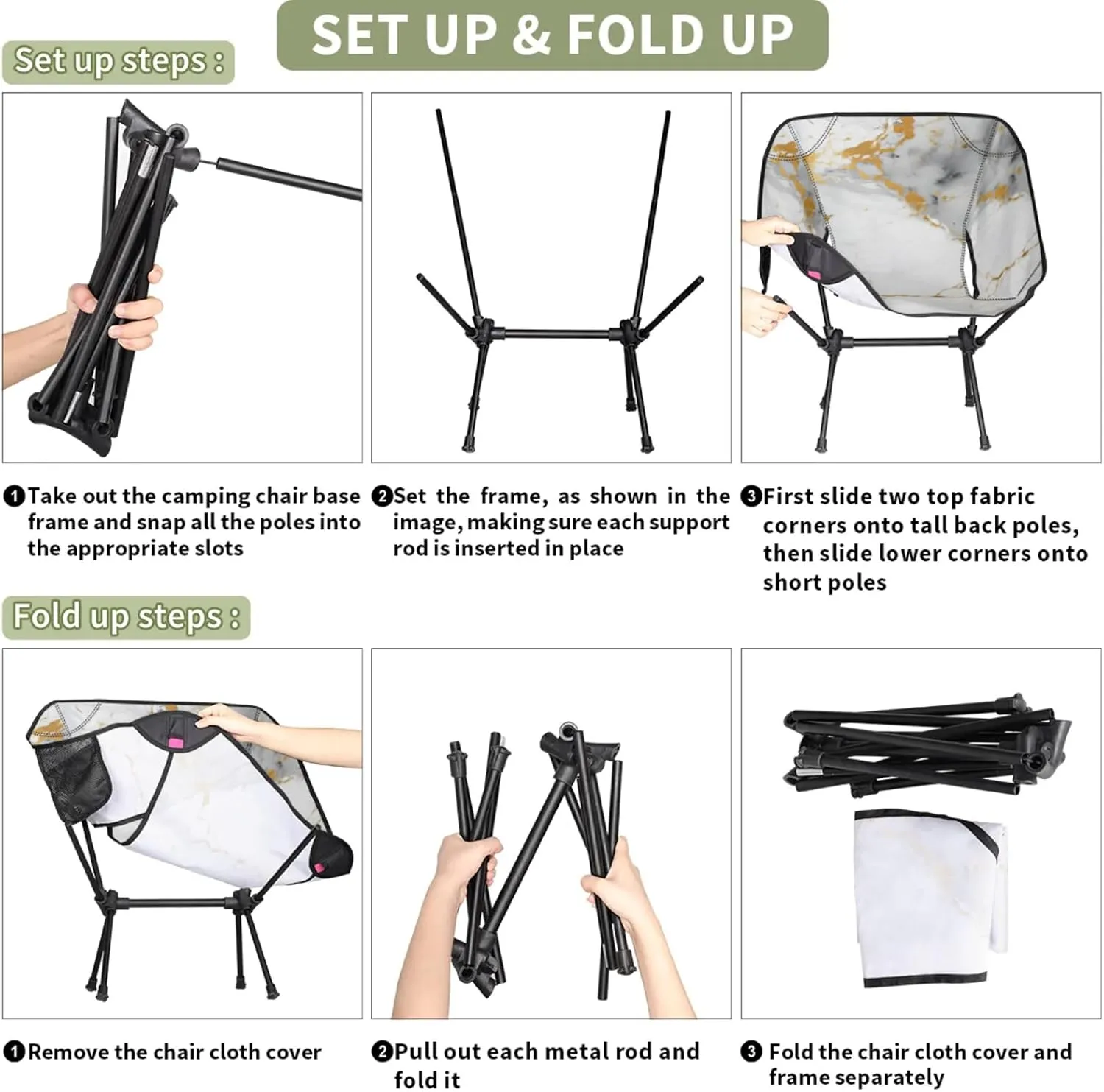 Honeybaby Folding Camping Chair Marble White Pattern Camping Chairs Lightweight Portable Chair Outdoor Foldable Chairs for Camping Travel Picnic Beach Hiking