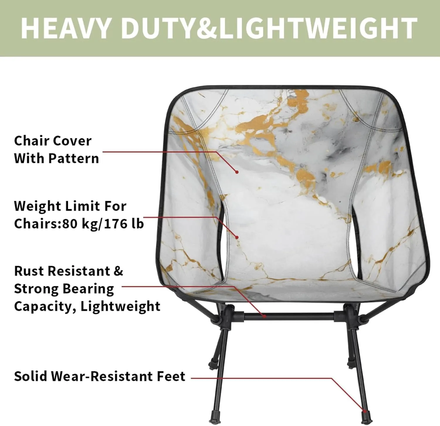 Honeybaby Folding Camping Chair Marble White Pattern Camping Chairs Lightweight Portable Chair Outdoor Foldable Chairs for Camping Travel Picnic Beach Hiking