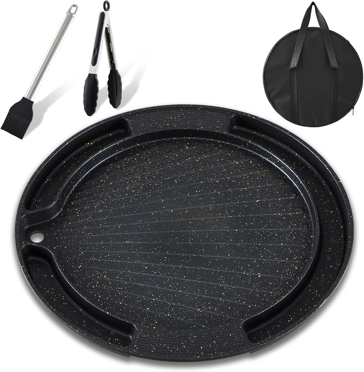 Honeydak Korean BBQ Grill Pan with Bag, Oil Brush and Food Tongs, Stove Top Nonstick Traditional BBQ Pan Aluminum Smokeless for Indoor Outdoor
