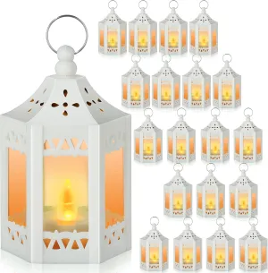 Hortsun 30 Pcs Vintage Mini Lantern Decorative with LED Candles Wedding Centerpiece Ramadan Eid Mubarak Indian Diwali Hanging Lantern Include Button Batteries for Home Table Decor(White)