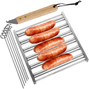 Hot Dog Roller Stainless Steel Sausage Roller Rack with Long Wooden Handle BBQ Hot Dog Griller Portable Sausage Holder Grill Tool Camping Grill Accessories for Evenly Cooked Hot Dog