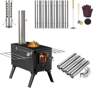 Hot Tent Stove, AVOFOREST Wood Burning Stove, Portable Wood Stove with 12 Stainless Chimney Pipes for Outdoor Heating & Cooking, Ice Fishing, Hunting
