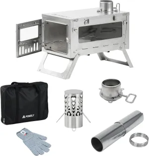 Hot Tent Stove Camping Wood Stove, POMOLY Ti 0.6 Small-Size Portable Lightweight Titanium Stove for Hiking, Cooking, Heating (Stove Pipe 6.56ft / 2m), Slivery