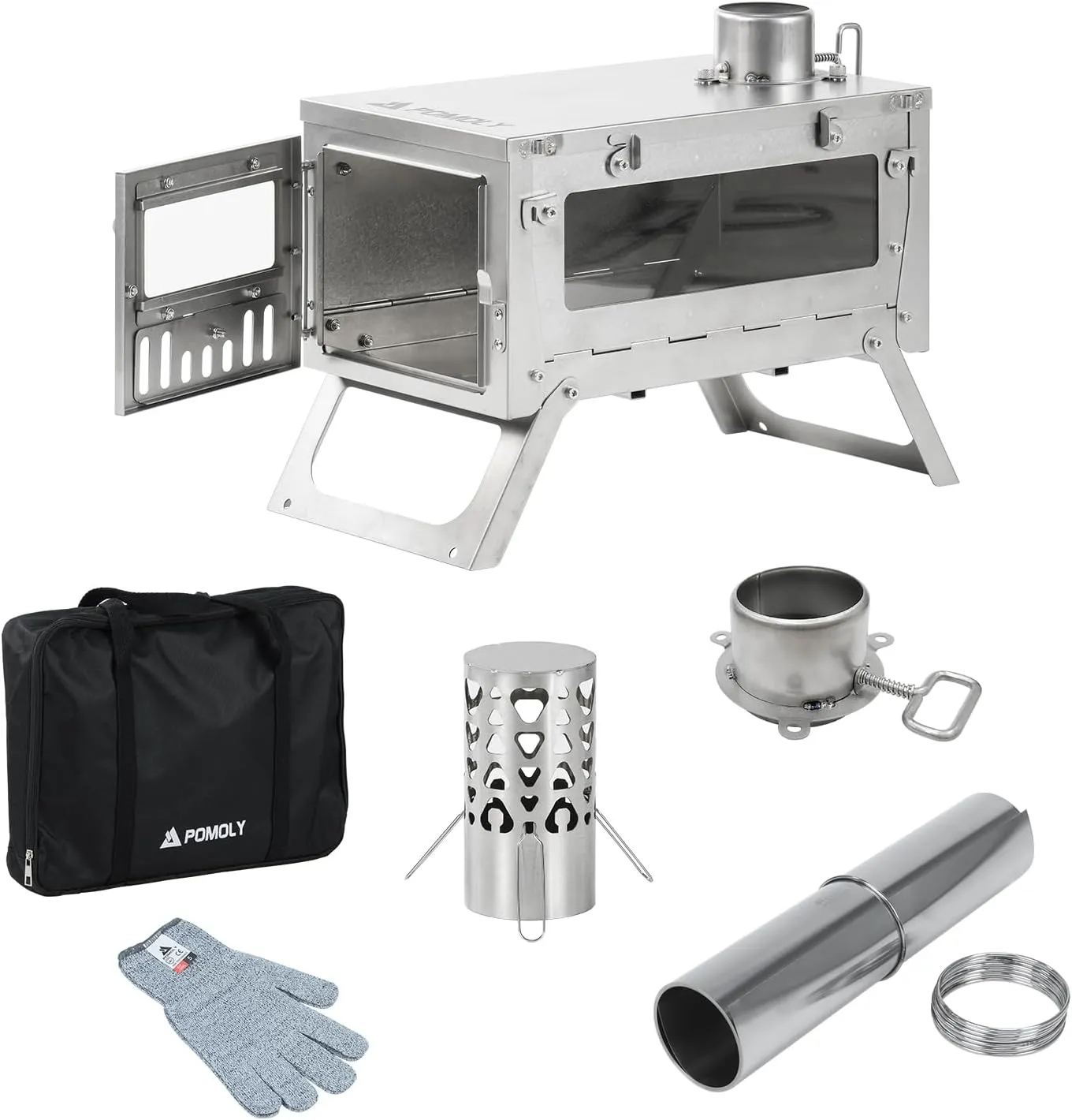 Hot Tent Stove Camping Wood Stove, POMOLY Ti 0.6 Small-Size Portable Lightweight Titanium Stove for Hiking, Cooking, Heating (Stove Pipe 6.56ft / 2m), Slivery