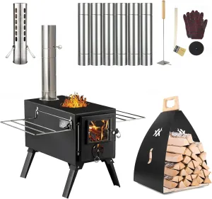 Hot Tent Stove with 7 Stainless Chimney Pipes & Log Carrier Avoforest Heavy Duty Firewood Holder for Outdoor Heating & Cooking, Ice Fishing, Hunting