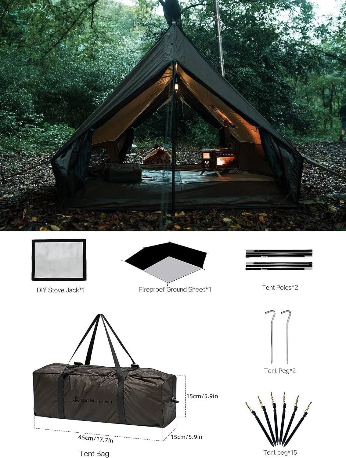 Hot Tent with Stove Jack – 4 Season Waterproof & Windproof Shelter for 1–4 People, Lightweight for Camping, Hiking, Hunting & Fishing