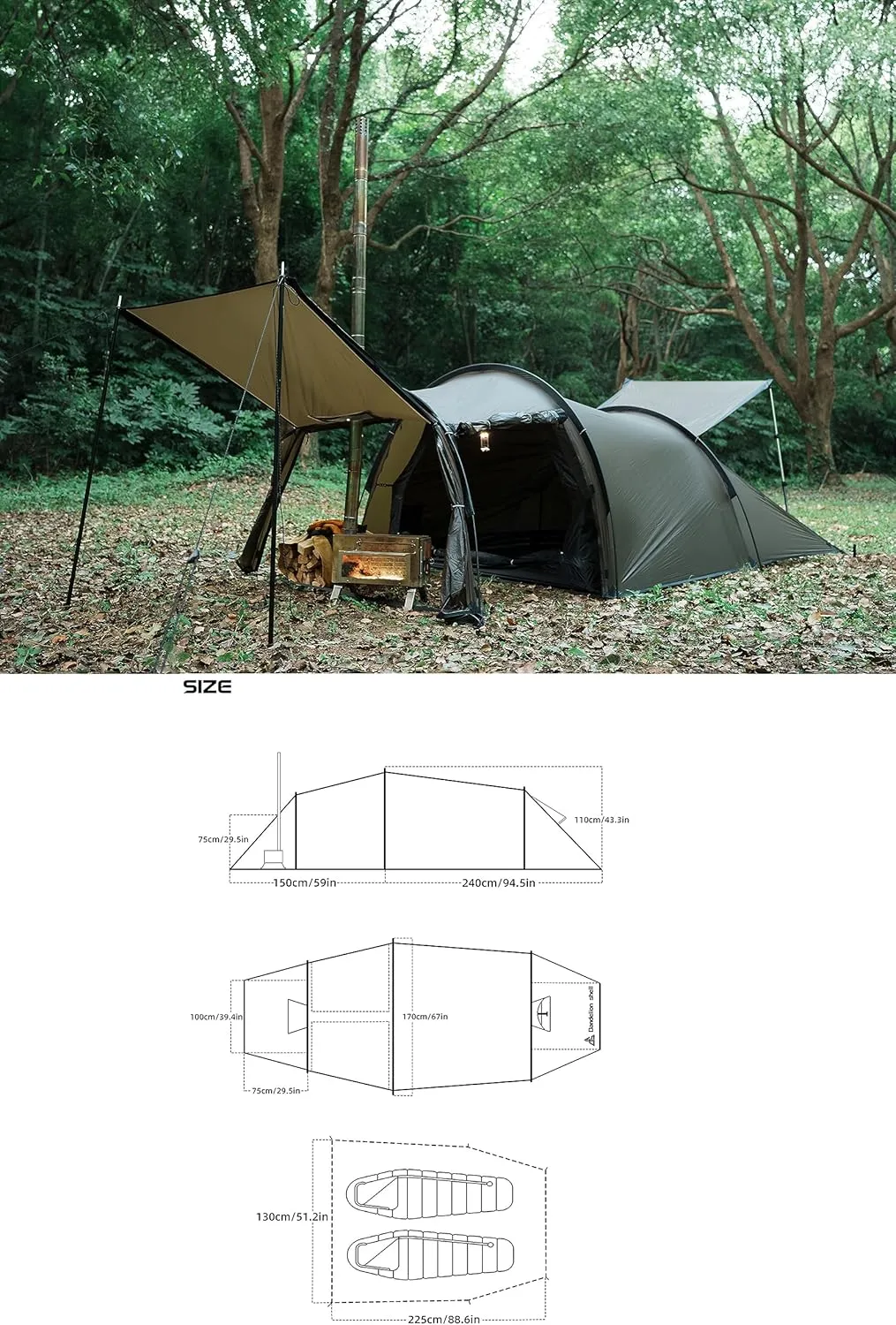 Hot Tent with Stove Jack – 4 Season Waterproof & Windproof Shelter for 1–4 People, Lightweight for Camping, Hiking, Hunting & Fishing
