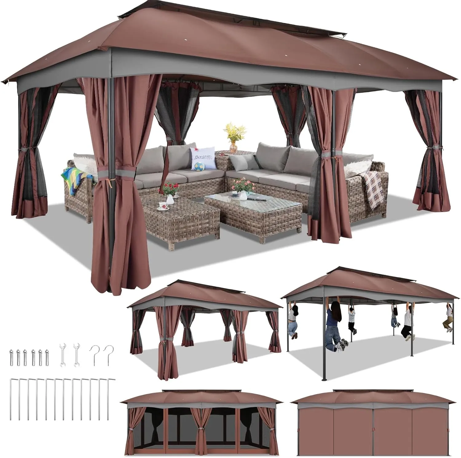 HOTEEL Gazebo 12x20, Outdoor Gazebo on Clearance with Double Ventilated Flat Roof, Privacy Curtains & Mosquito Netting, Easy Set up Canopy Tent with Stable Metal Frame for Patio, Brown (Upgraded 2.0)