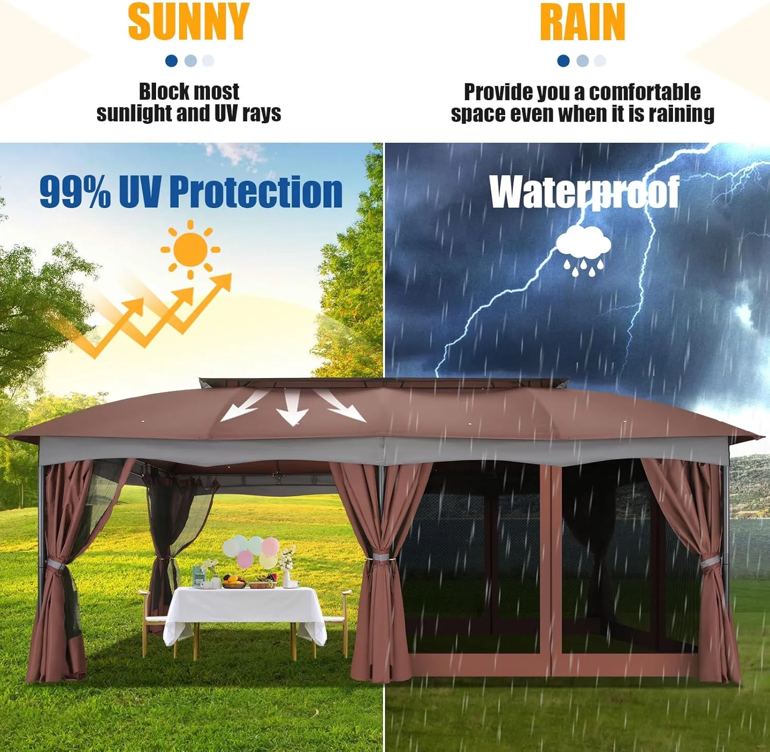 HOTEEL Gazebo 12x20, Outdoor Gazebo on Clearance with Double Ventilated Flat Roof, Privacy Curtains & Mosquito Netting, Easy Set up Canopy Tent with Stable Metal Frame for Patio, Brown (Upgraded 2.0)