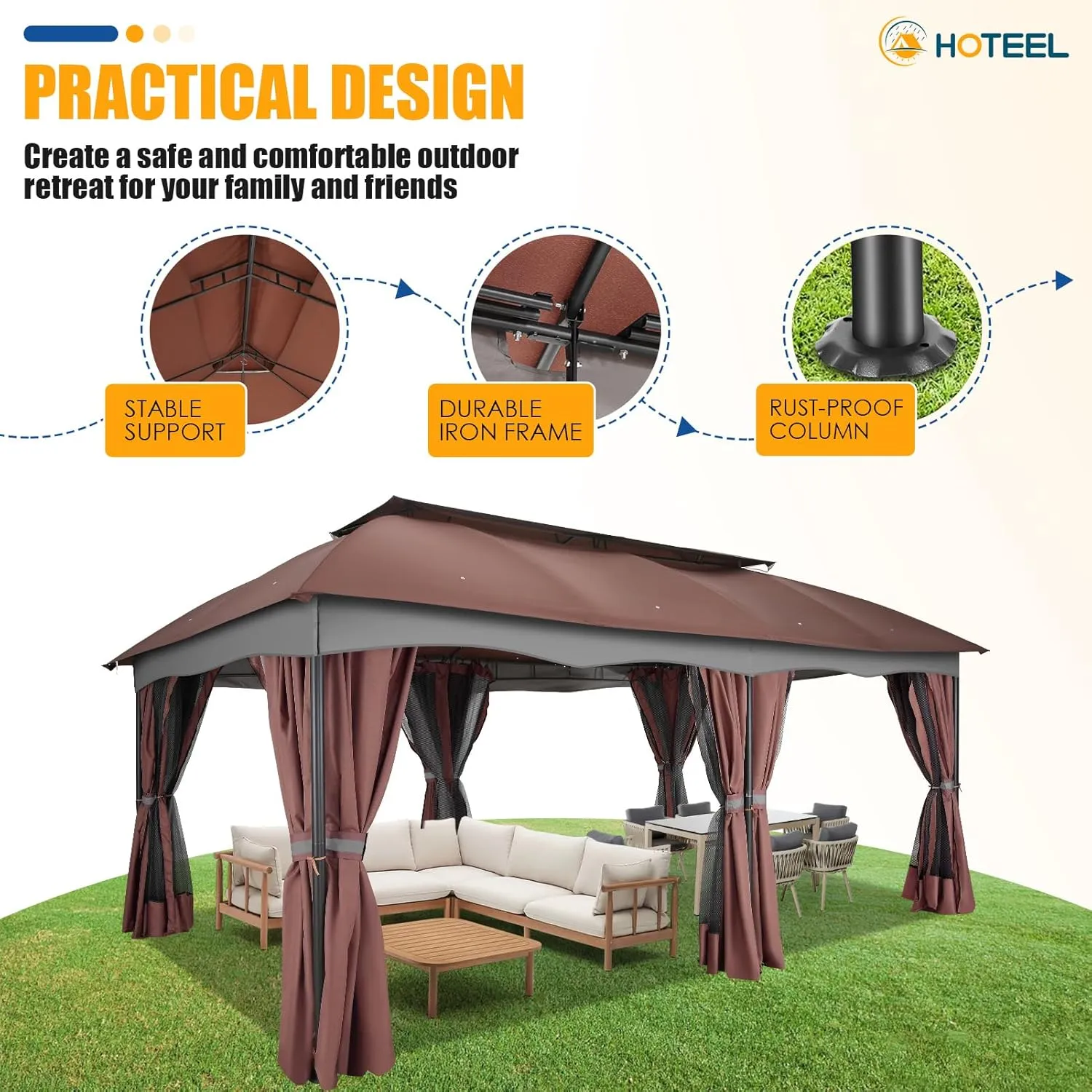 HOTEEL Gazebo 12x20, Outdoor Gazebo on Clearance with Double Ventilated Flat Roof, Privacy Curtains & Mosquito Netting, Easy Set up Canopy Tent with Stable Metal Frame for Patio, Brown (Upgraded 2.0)