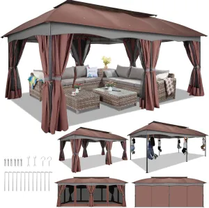 HOTEEL Gazebo 12x20, Outdoor Gazebo on Clearance with Double Ventilated Flat Roof, Privacy Curtains & Mosquito Netting, Easy Set up Canopy Tent with Stable Metal Frame for Patio, Brown (Upgraded 2.0)