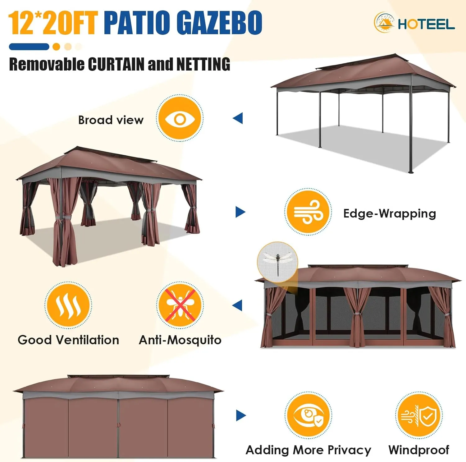 HOTEEL Gazebo 12x20, Outdoor Gazebo on Clearance with Double Ventilated Flat Roof, Privacy Curtains & Mosquito Netting, Easy Set up Canopy Tent with Stable Metal Frame for Patio, Brown (Upgraded 2.0)