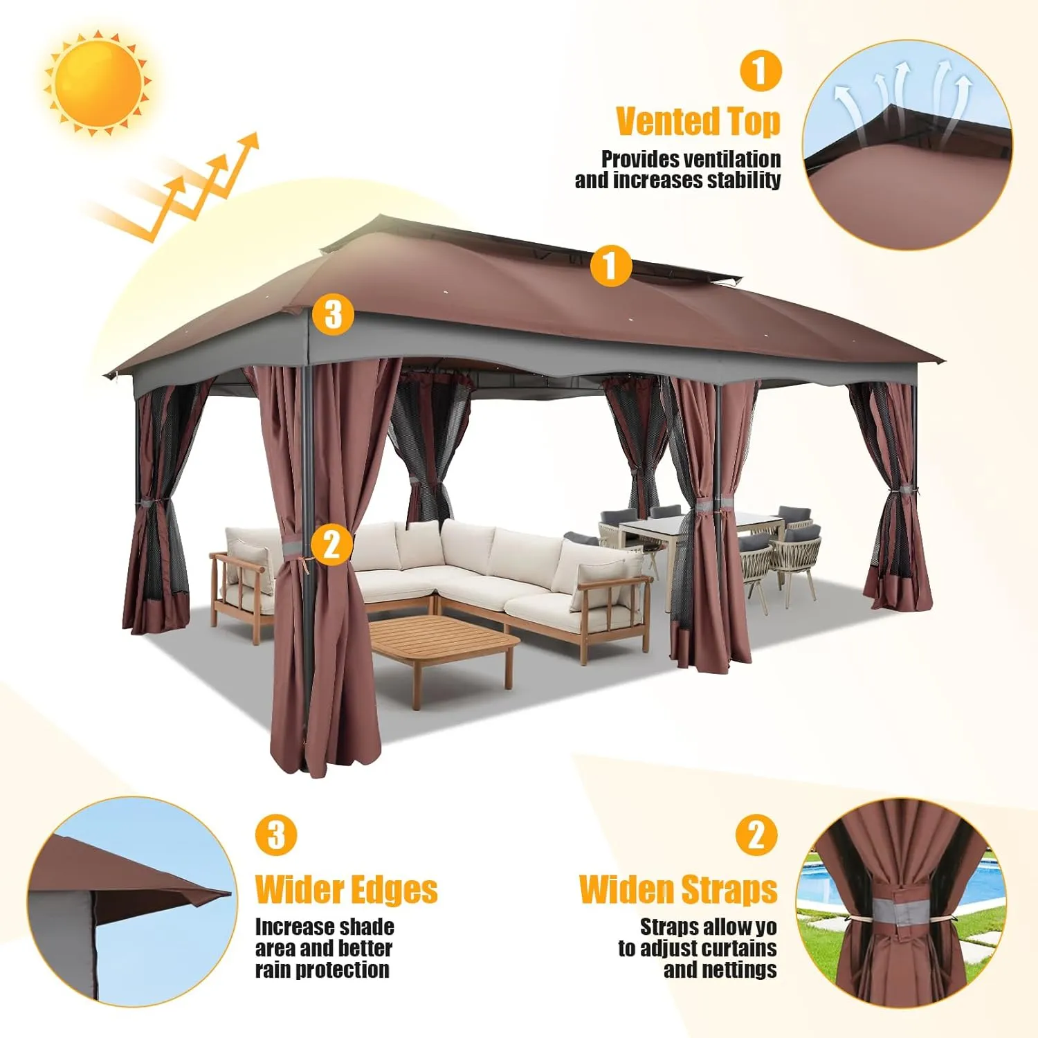 HOTEEL Gazebo 12x20, Outdoor Gazebo on Clearance with Double Ventilated Flat Roof, Privacy Curtains & Mosquito Netting, Easy Set up Canopy Tent with Stable Metal Frame for Patio, Brown (Upgraded 2.0)