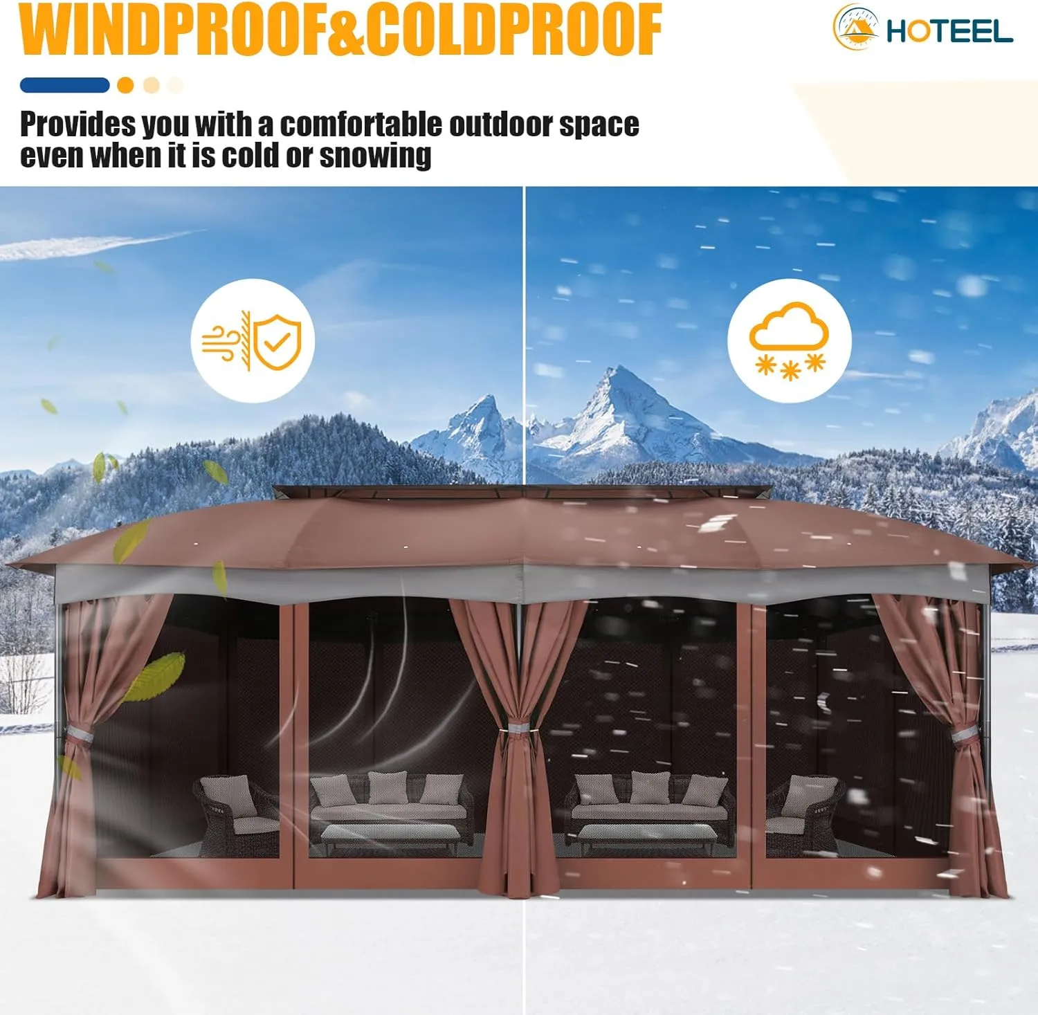 HOTEEL Gazebo 12x20, Outdoor Gazebo on Clearance with Double Ventilated Flat Roof, Privacy Curtains & Mosquito Netting, Easy Set up Canopy Tent with Stable Metal Frame for Patio, Brown (Upgraded 2.0)