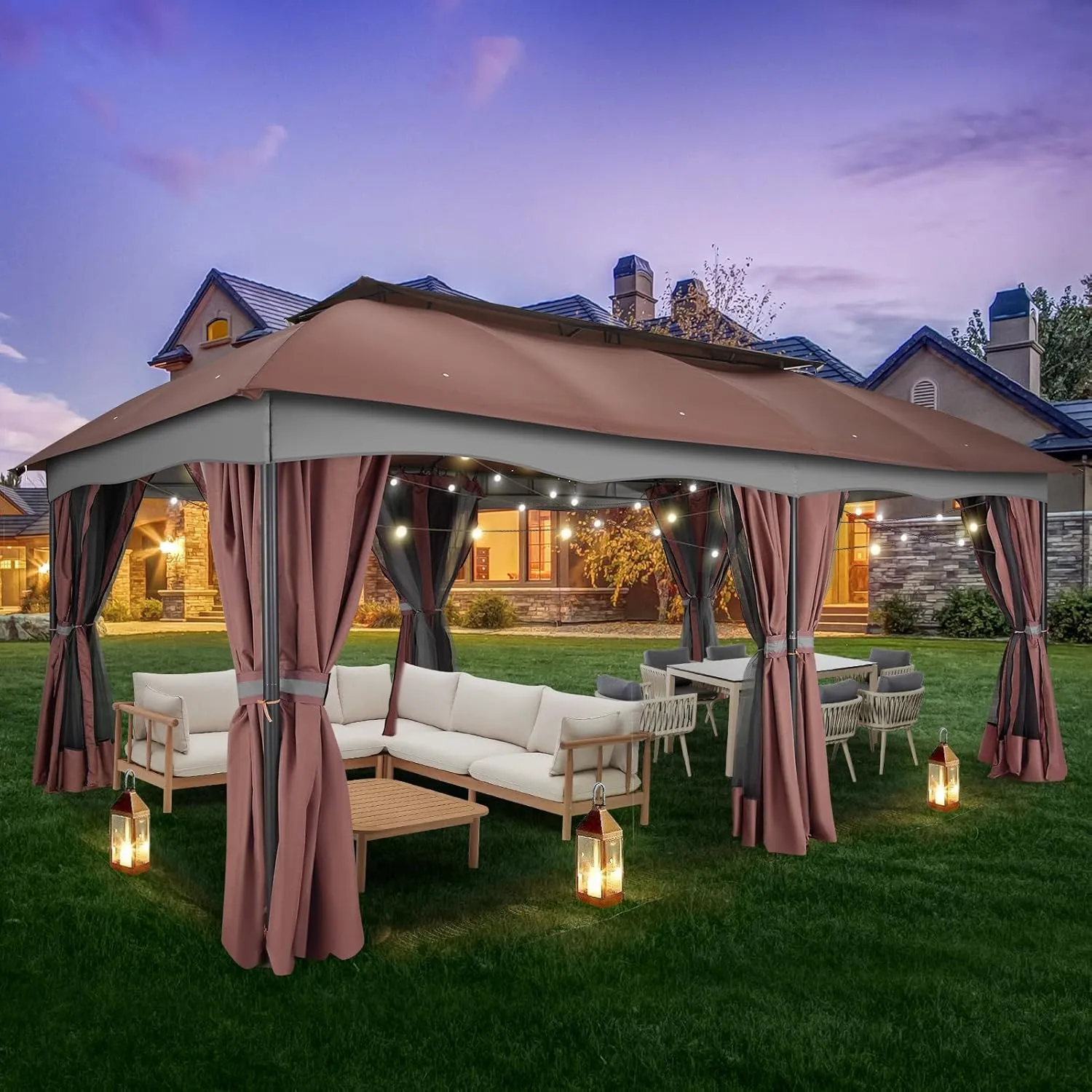 HOTEEL Gazebo 12x20, Outdoor Gazebo on Clearance with Double Ventilated Flat Roof, Privacy Curtains & Mosquito Netting, Easy Set up Canopy Tent with Stable Metal Frame for Patio, Brown (Upgraded 2.0)