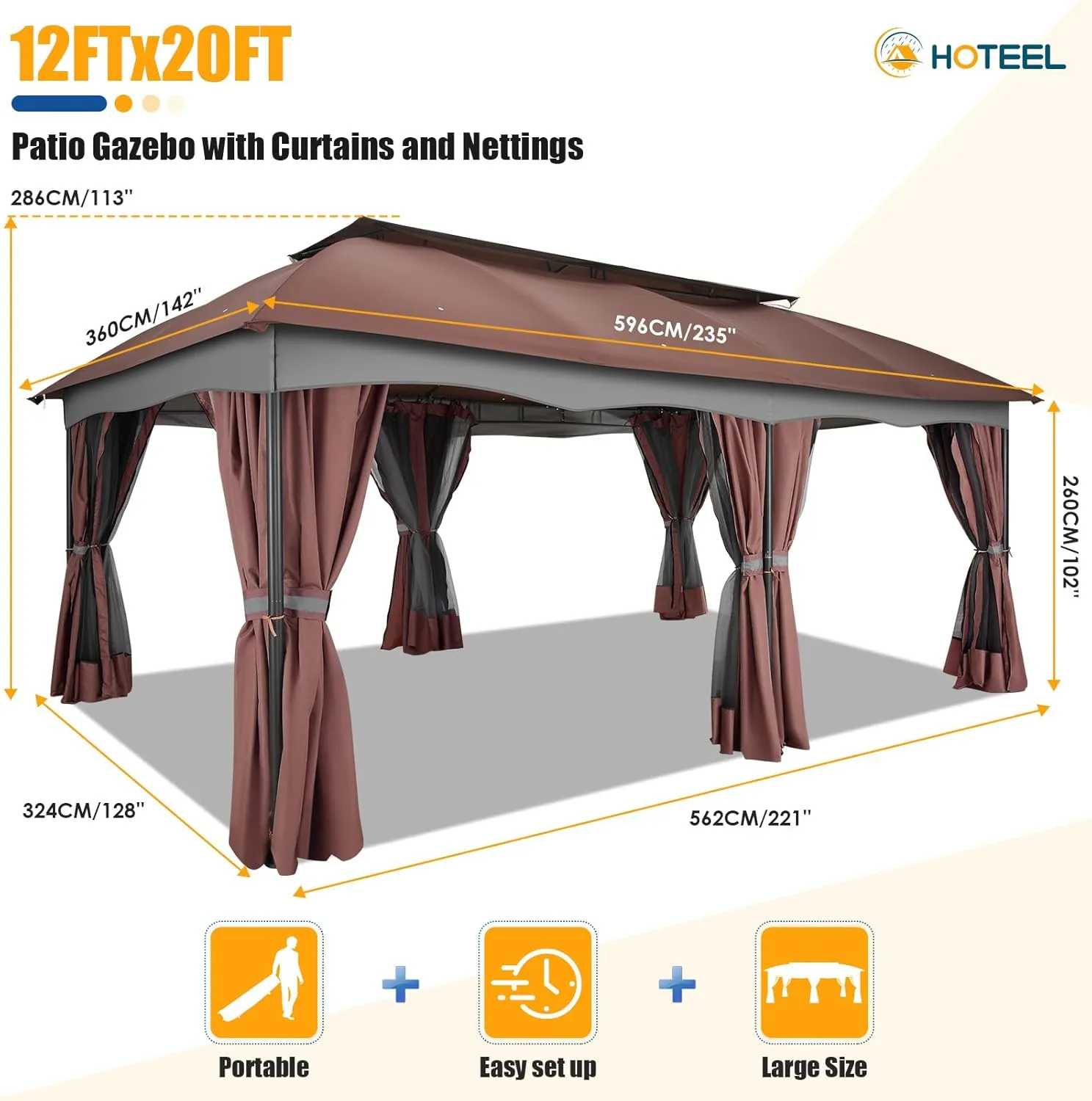 HOTEEL Gazebo 12x20, Outdoor Gazebo on Clearance with Double Ventilated Flat Roof, Privacy Curtains & Mosquito Netting, Easy Set up Canopy Tent with Stable Metal Frame for Patio, Brown (Upgraded 2.0)