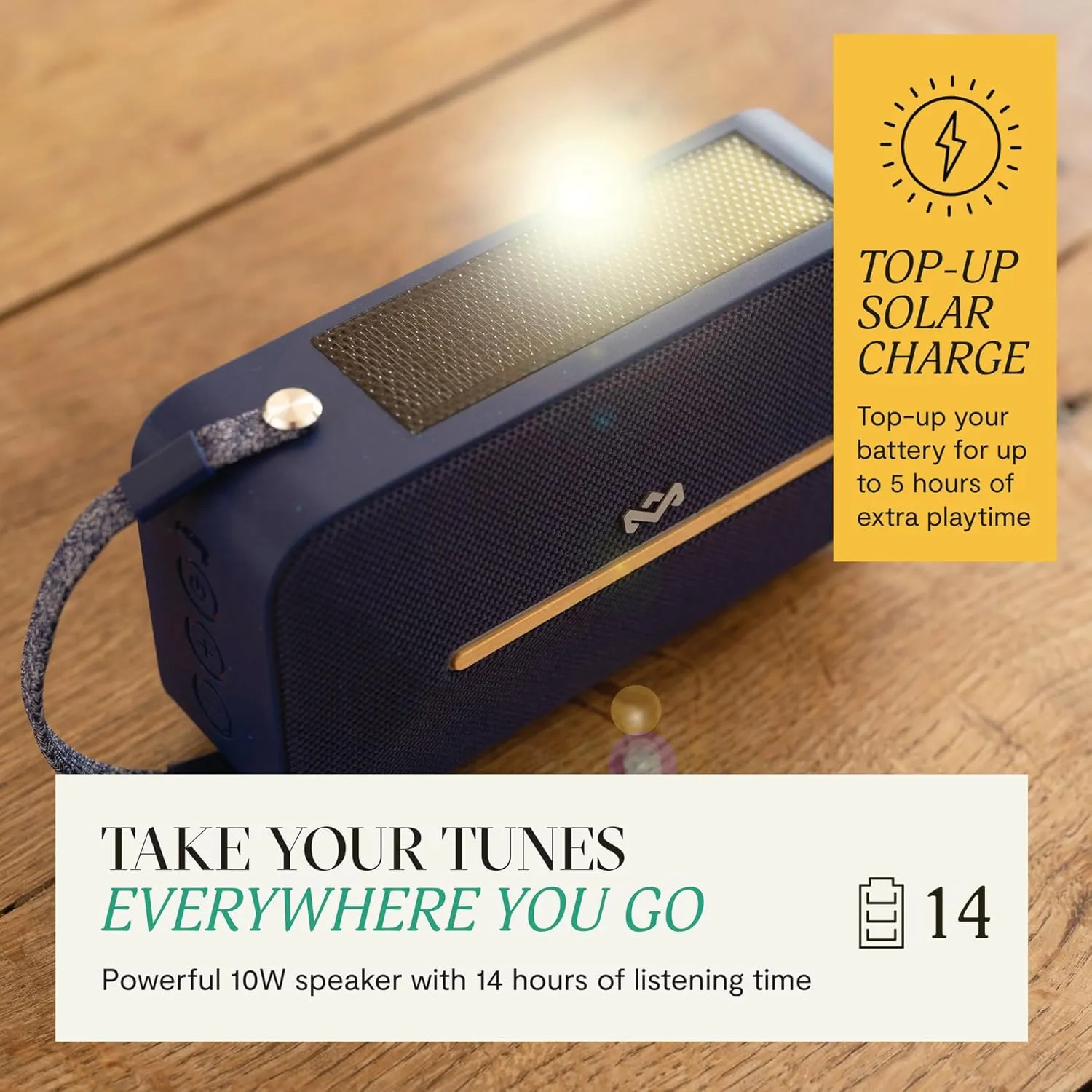 House of Marley Rise Up Solar Bluetooth Speaker, IP67 Waterproof, 14H Playtime, Solar Charging, Quick Charge, Eco-Friendly Recycled Materials, Bamboo Design & Bottle Opener (Blue)